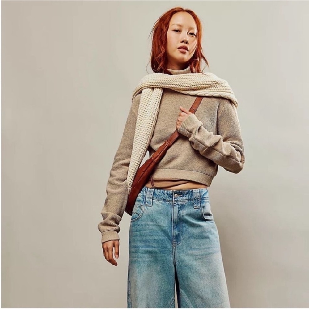 Free People Cropped Mockneck Ottoman Sweater Hummus Tan S